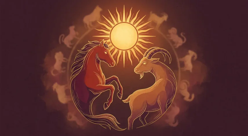 june-2027-horse-month-liu-he-fire-peak Illustrated Fire Goat encircled by the twelve Chinese zodiac animals in a Tibetan mandala for the June 2027 horoscope