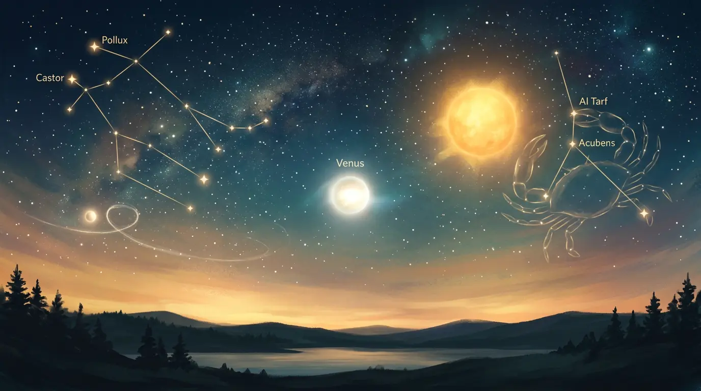 Ilustrace planetárních tranzitů v červnu 2027 s Merkurem, Venuší a Sluncem v Raku poblíž letního slunovratu.