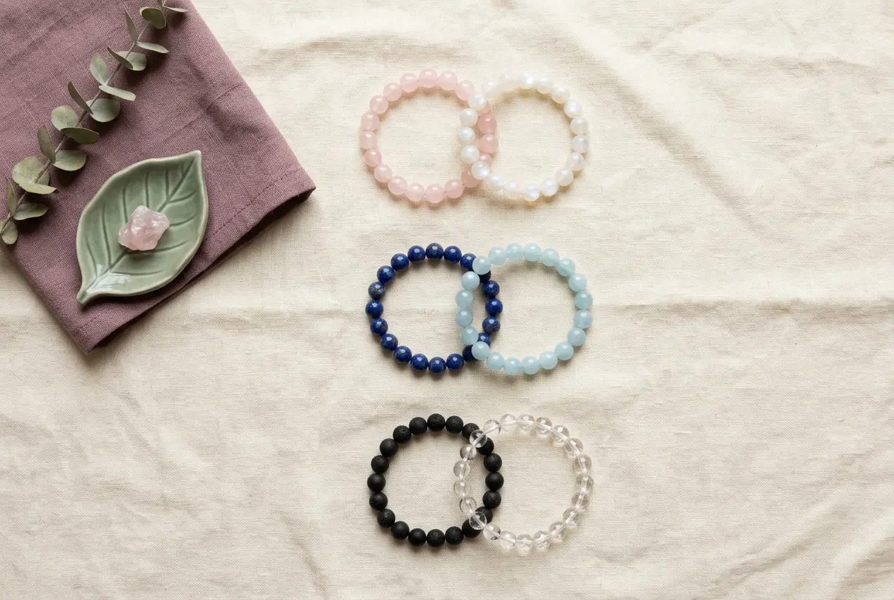 Rose quartz crystal bracelet in a gift box with a Libra intention card