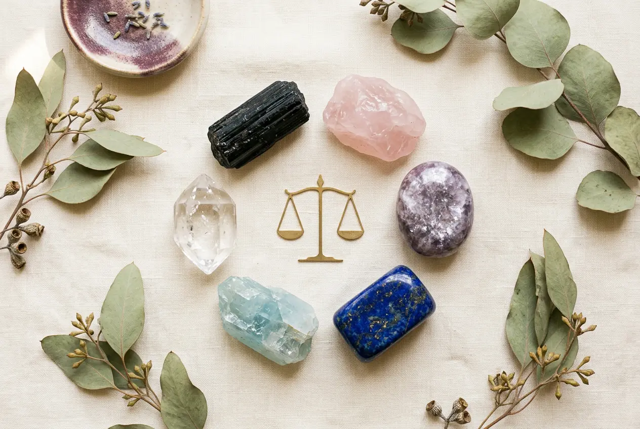 Labeled flat lay of rose quartz, lepidolite, lapis lazuli, aquamarine, clear quartz and black tourmaline for Libra