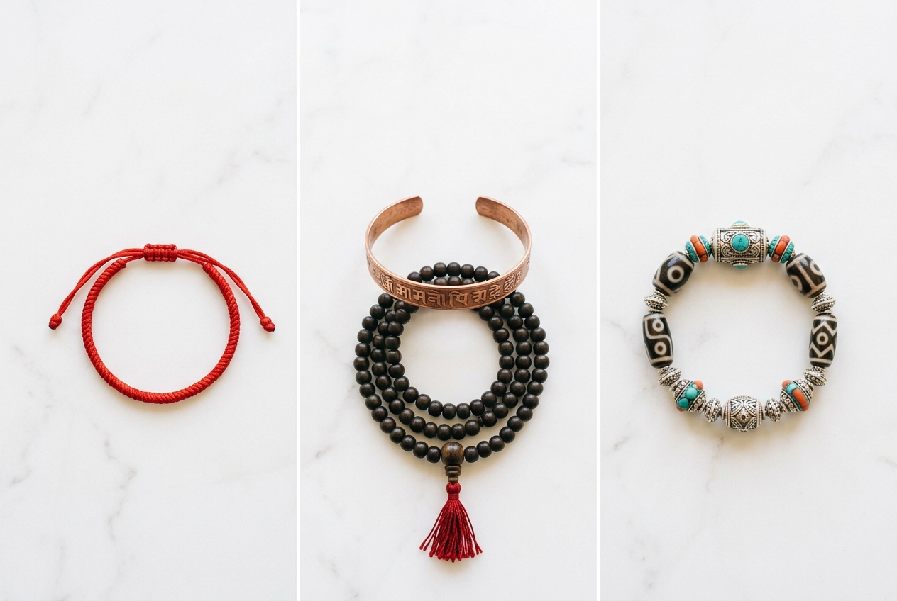Three tiers of Tibetan Losar gifts by budget: a red string bracelet under $25, a copper mantra bangle and mala for $25 to $100, and a dzi bead bracelet for $100 and up