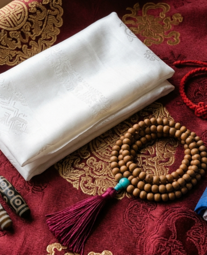 Flat lay of authentic Tibetan New Year gifts for Losar 2027, including a white khata scarf, red string bracelet, 108-bead mala, five-color prayer flags, and etched dzi beads on red and gold silk