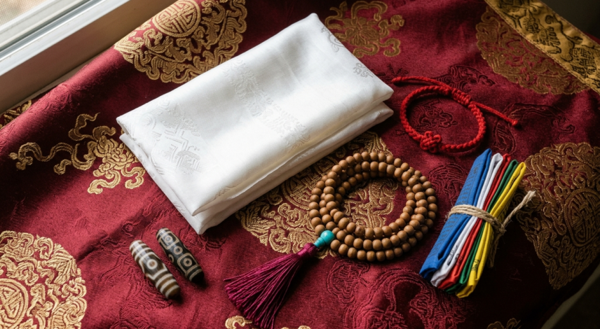 losar-tibetan-new-year-gifts-flatlay Flat lay of authentic Tibetan New Year gifts for Losar 2027, including a white khata scarf, red string bracelet, 108-bead mala, five-color prayer flags, and etched dzi beads on red and gold silk