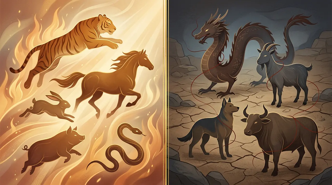 Split illustration comparing the Chinese zodiac signs lifted by October 2027's fire trine against the signs asked to move carefully during the Dog month