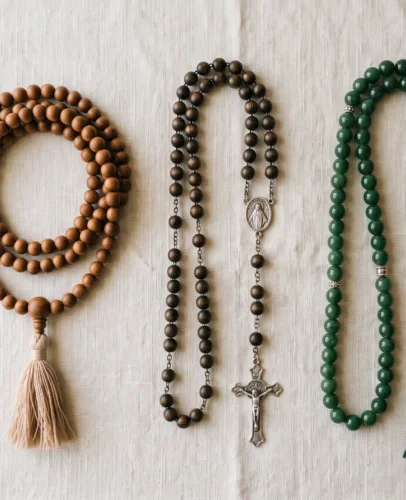 A mala, a Catholic rosary, and an Islamic tasbih arranged side by side, showing how the three prayer beads differ.