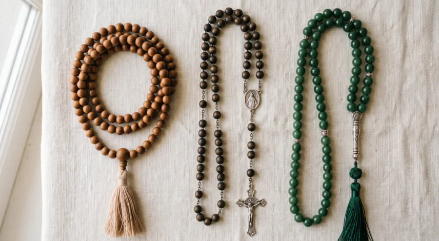 mala-rosary-tasbih-comparison-flatlay A mala, a Catholic rosary, and an Islamic tasbih arranged side by side, showing how the three prayer beads differ.