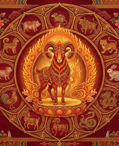 Chèvre de Feu illustrée, entourée des 12 animaux du zodiaque chinois dans un style mandala tibétain, pour l'horoscope de mars 2027.
