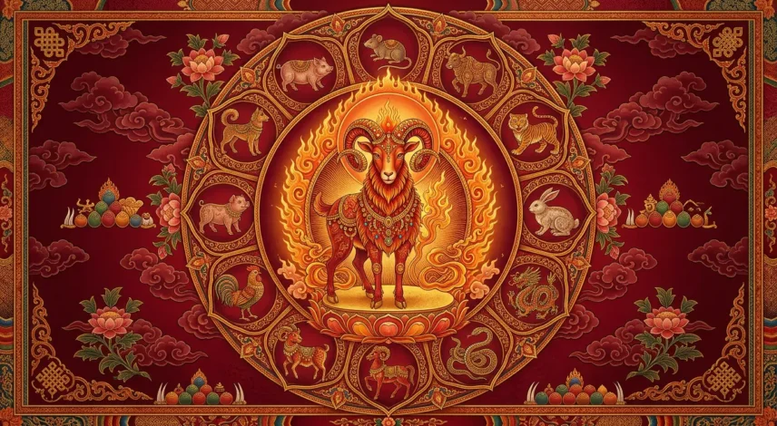 march-2027-fire-goat-chinese-zodiac-horoscope Illustrated Fire Goat surrounded by the 12 Chinese zodiac animals in a Tibetan mandala style for the March 2027 horoscope