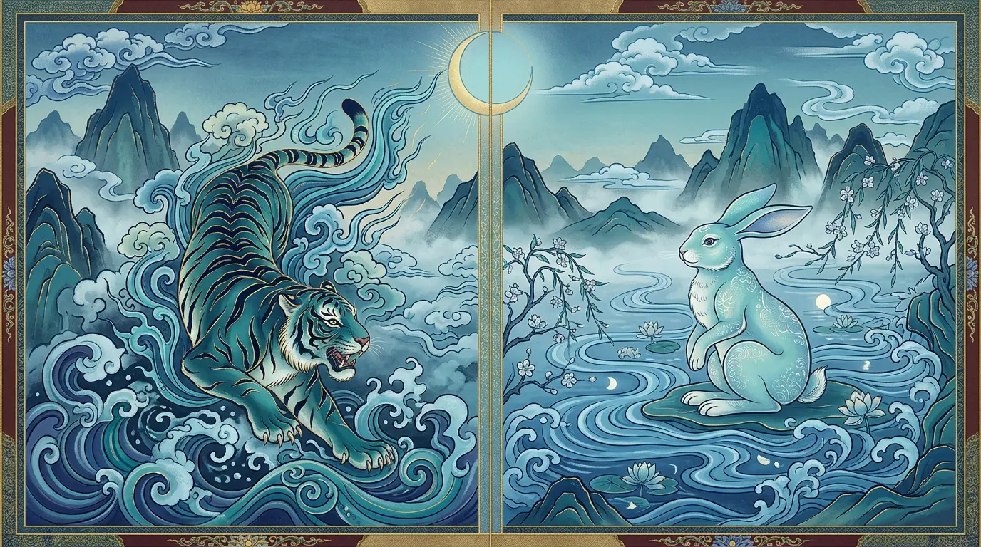 Split illustration of the Water Tiger on the left and Water Rabbit on the right in blue and teal tones, representing March 2027's two Chinese lunar months