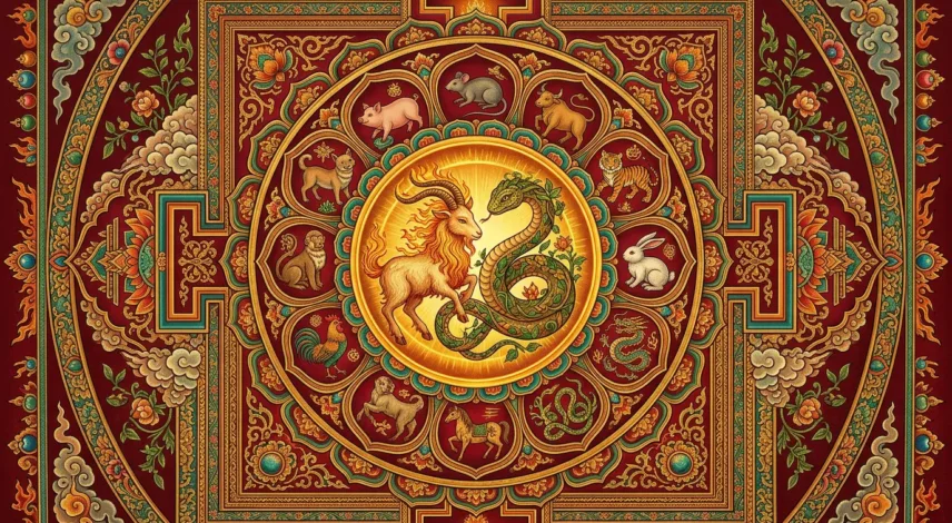 may-2027-fire-goat-wood-snake-chinese-zodiac-horoscope-hero Illustrated Fire Goat and Wood Snake encircled by the 12 Chinese zodiac animals in a Tibetan mandala for the May 2027 horoscope