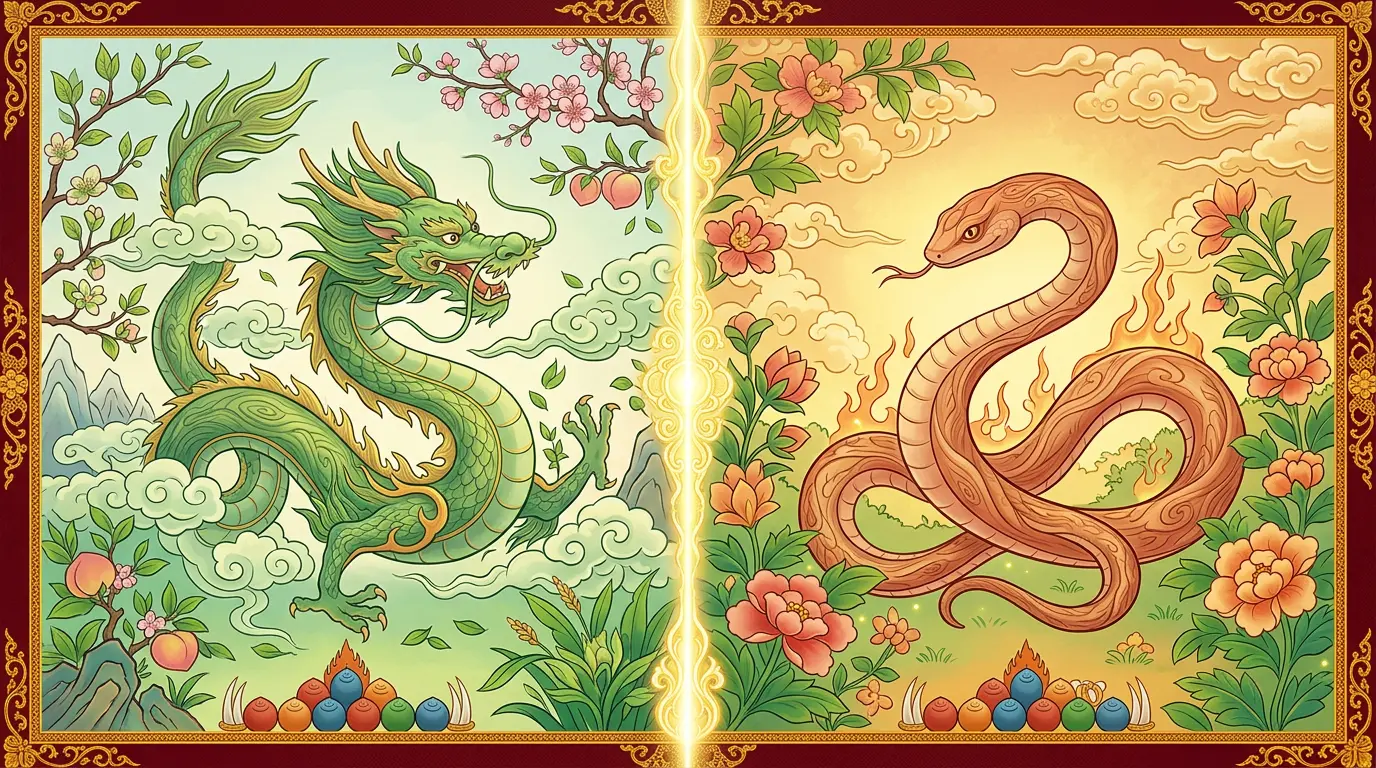 Split illustration of a green Wood Dragon and a warm-toned Wood Snake showing May 2027's mid-month shift at Lixia, the Start of Summer
