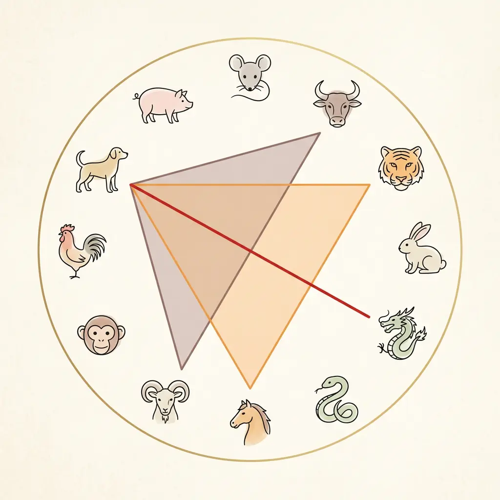 Diagram of the October 2027 Dog month's zodiac relationships, showing the Dragon-Dog clash, the Tiger-Horse-Dog fire trine, and the Ox-Dog-Goat punishment
