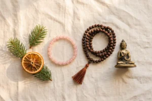 Flatlay of a rose quartz bracelet, sandalwood mala beads, and a small Buddha pendant styled as Christmas gifts under $50
