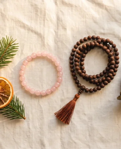 Flatlay of a rose quartz bracelet, sandalwood mala beads, and a small Buddha pendant styled as Christmas gifts under $50