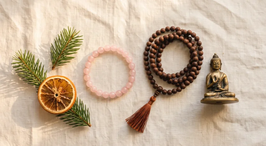 mindful-christmas-gift-flatlay-crystal-mala-buddha Flatlay of a rose quartz bracelet, sandalwood mala beads, and a small Buddha pendant styled as Christmas gifts under $50
