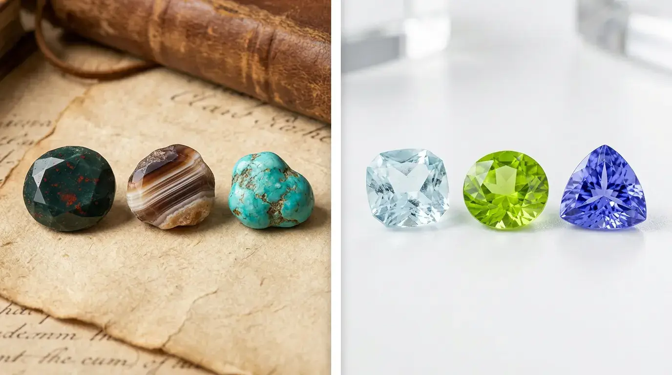 Side-by-side comparison of traditional and modern birthstones for the same months
