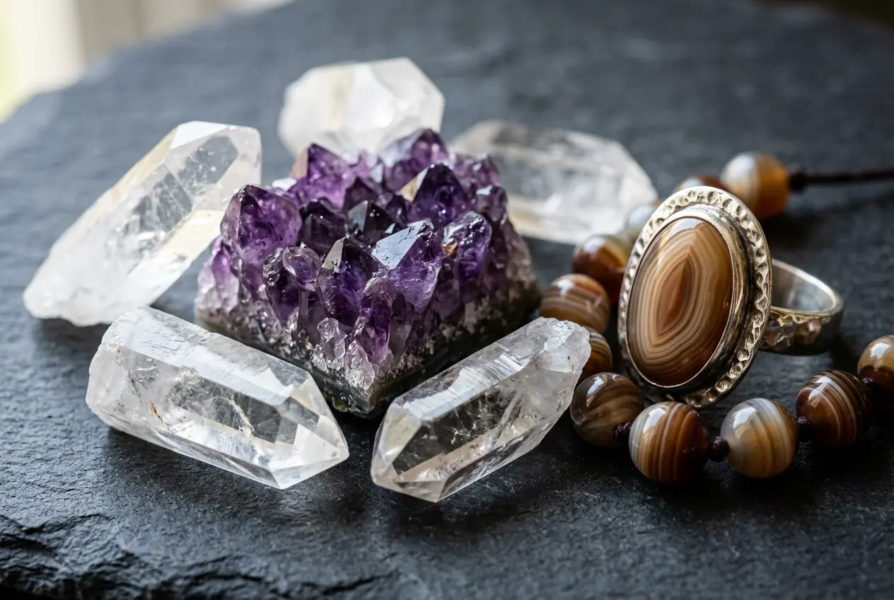 Close-up of natural quartz, amethyst and agate gemstone jewelry, the materials that lead the spiritual jewelry market