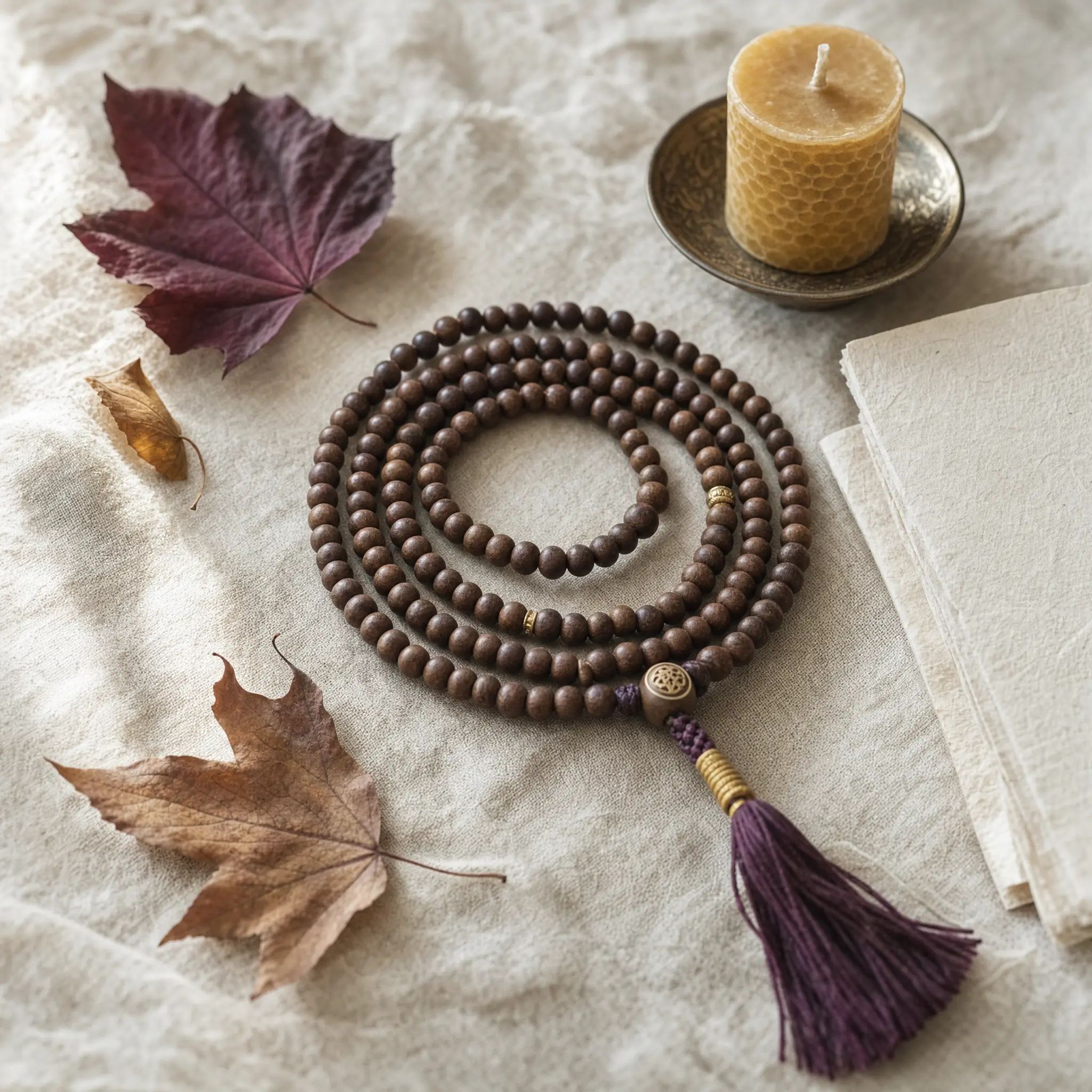 New Moon in Libra ritual flat lay with a 108-bead Tibetan mala, candle, and handwritten intention note