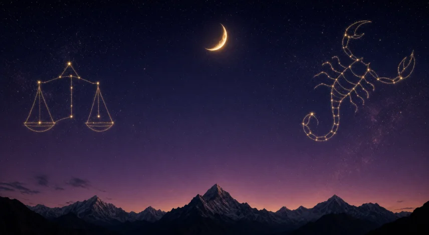 october-2026-horoscope-night-sky October 2026 horoscope night sky with Libra and Scorpio constellations over Himalayan mountains