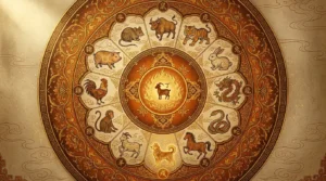 Illustrated Chinese zodiac wheel for the October 2027 horoscope, showing the twelve zodiac animals encircling a Metal Dog in autumn gold and rust tones within the Fire Goat year