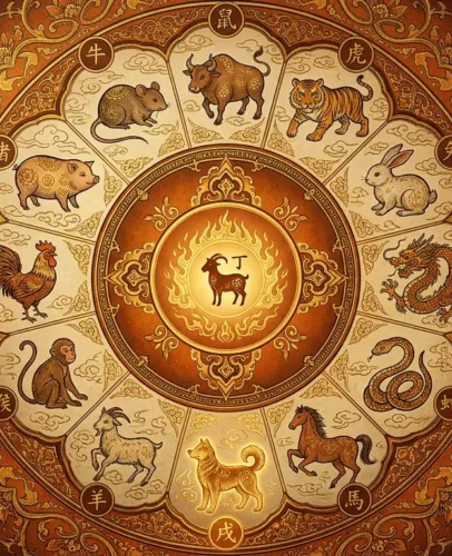 Illustrated Chinese zodiac wheel for the October 2027 horoscope, showing the twelve zodiac animals encircling a Metal Dog in autumn gold and rust tones within the Fire Goat year
