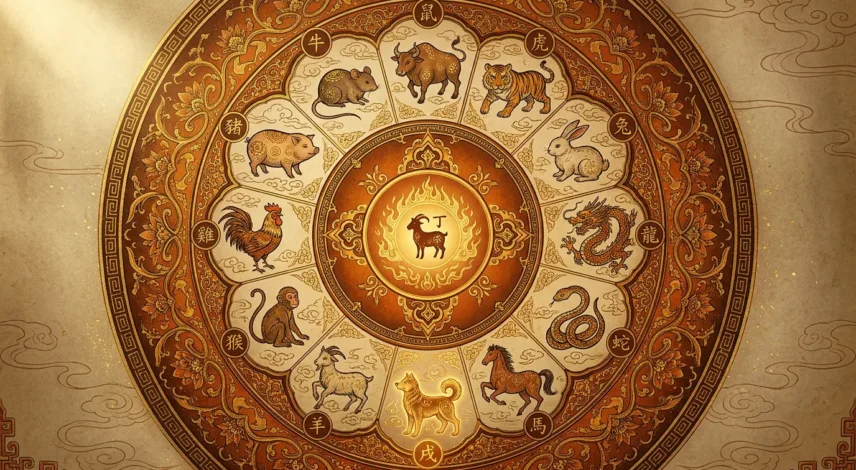 october-2027-chinese-zodiac-horoscope-hero Illustrated Chinese zodiac wheel for the October 2027 horoscope, showing the twelve zodiac animals encircling a Metal Dog in autumn gold and rust tones within the Fire Goat year