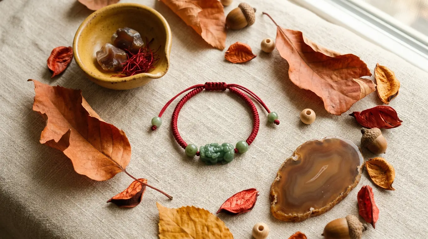 Flat lay of a red string Pixiu bracelet with terracotta, mustard, and warm brown accents representing October 2027's lucky colors for the Fire Goat year