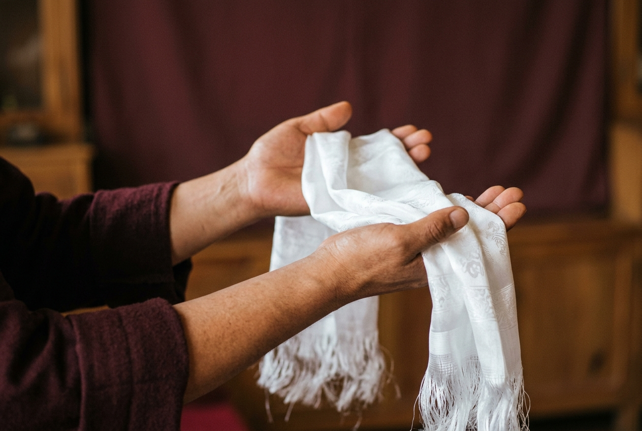 Two hands offering a folded white khata scarf with both hands as a Losar greeting, the respectful Tibetan gift-giving gesture, with a soft warm background