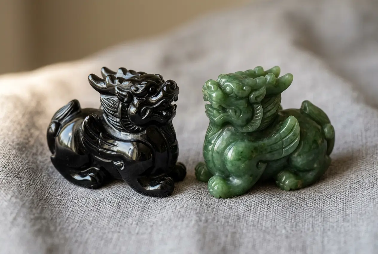 Close-up of two Pixiu charms, one carved from black obsidian and one from green jade, showing the same creature