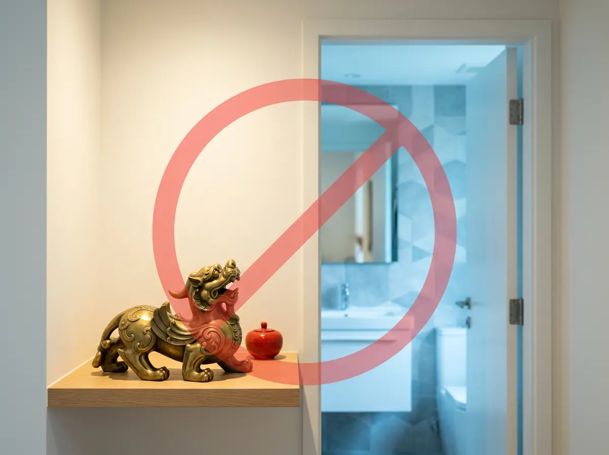 A Pixiu statue facing a bathroom door marked with a red prohibition symbol, a feng shui placement to avoid