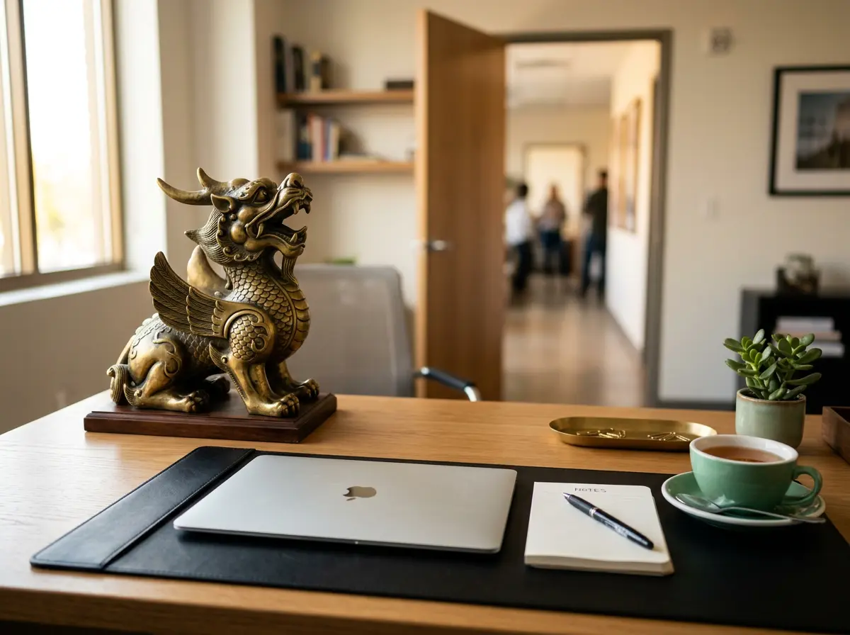Brass Pixiu statue on the upper-left corner of an office desk, facing the door, next to a laptop