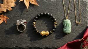 Cincin, gelang, dan loket Pixiu dipamerkan bersebelahan di atas batu tulis gelap, membandingkan tiga bentuk kekayaan feng shui