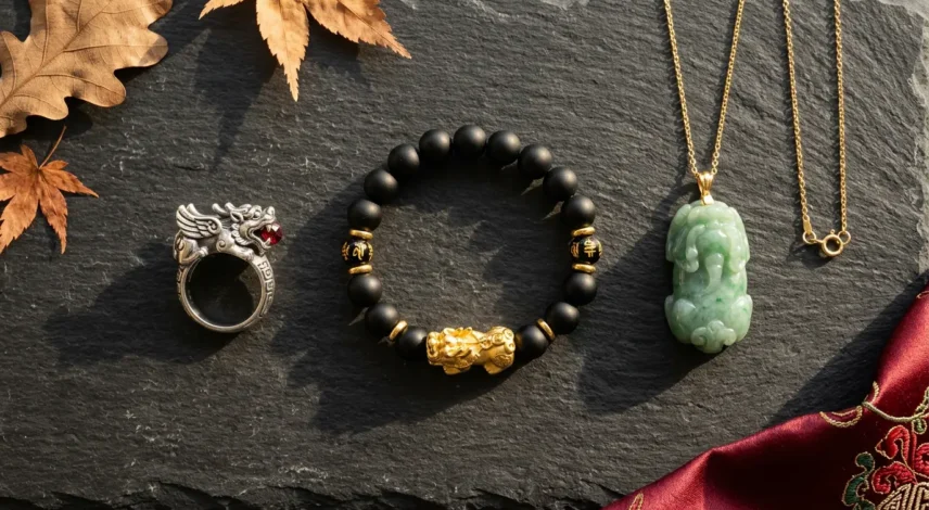 pixiu-ring-vs-bracelet-vs-pendant-comparison Pixiu ring, bracelet, and pendant displayed side by side on dark slate, comparing three feng shui wealth forms