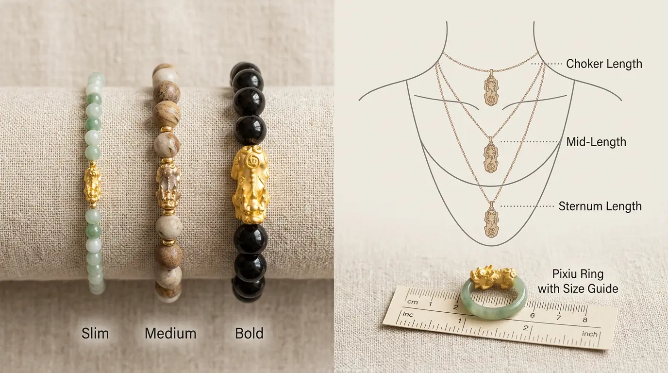 Pixiu sizing reference showing 8mm, 10mm and 12mm bead diameters and 14 to 30 inch chain lengths