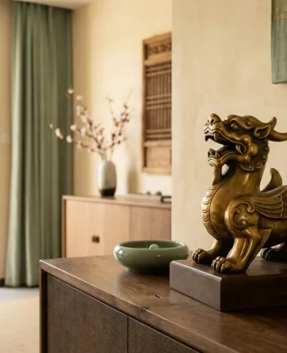 Golden Pixiu statue on a wood console in a living room, angled toward a sunlit front door to attract wealth