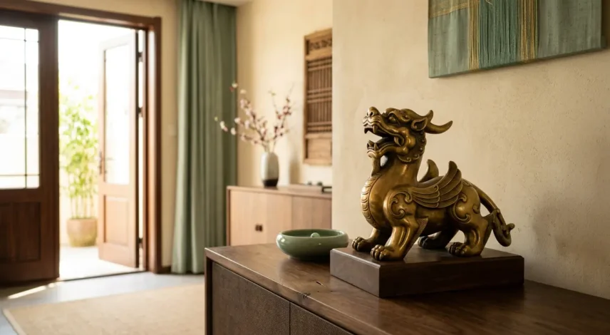 pixiu-statue-placement-home-office Golden Pixiu statue on a wood console in a living room, angled toward a sunlit front door to attract wealth
