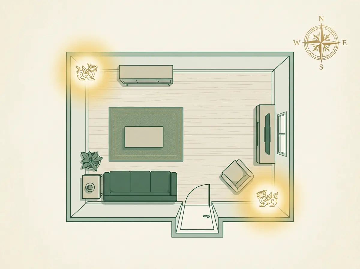 Top-down floor plan showing a Pixiu's wealth corner in the southeast sector and the far back-left Bagua position