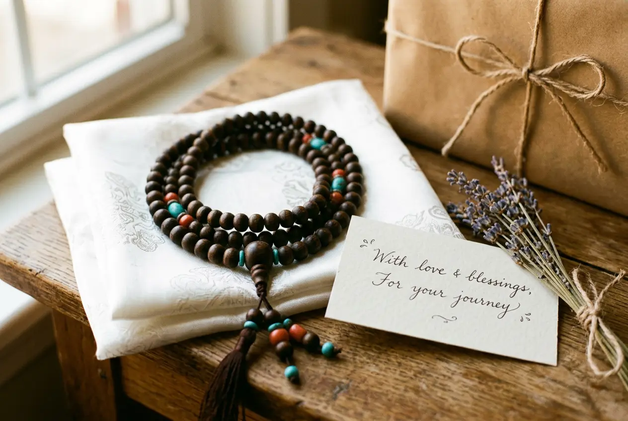 A blessed Tibetan mala presented as a gift with a handwritten dedication card and a folded white khata scarf