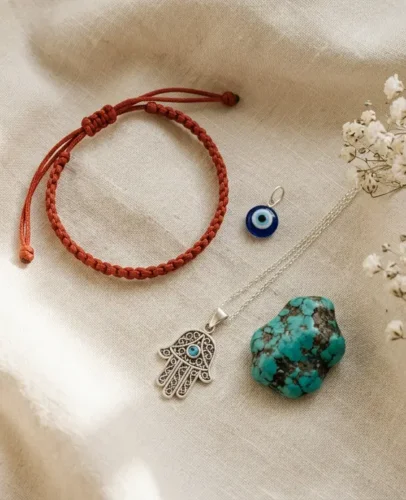 Flat lay of protective gifts for a new baby: red string bracelet, evil eye pendant, Hamsa charm, and Tibetan turquoise on cream linen.