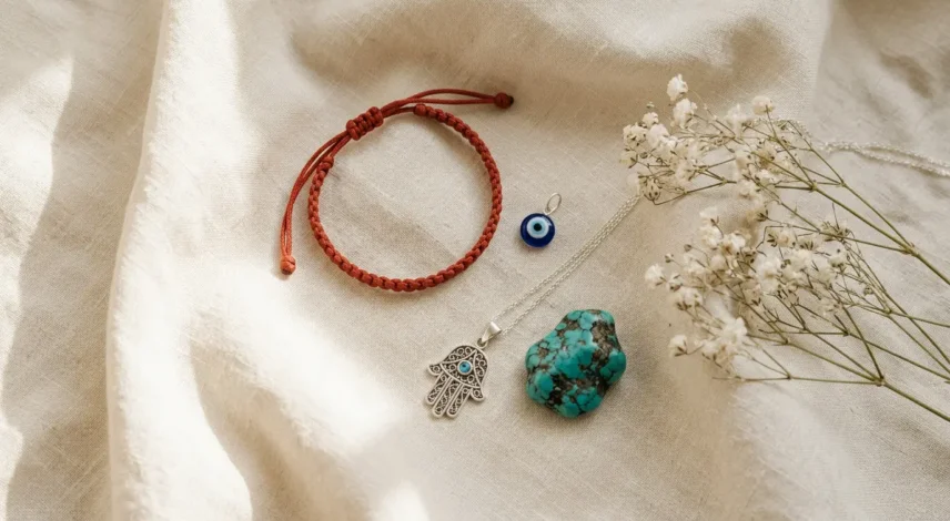 protective-gifts-new-baby-hero Flat lay of protective gifts for a new baby: red string bracelet, evil eye pendant, Hamsa charm, and Tibetan turquoise on cream linen.
