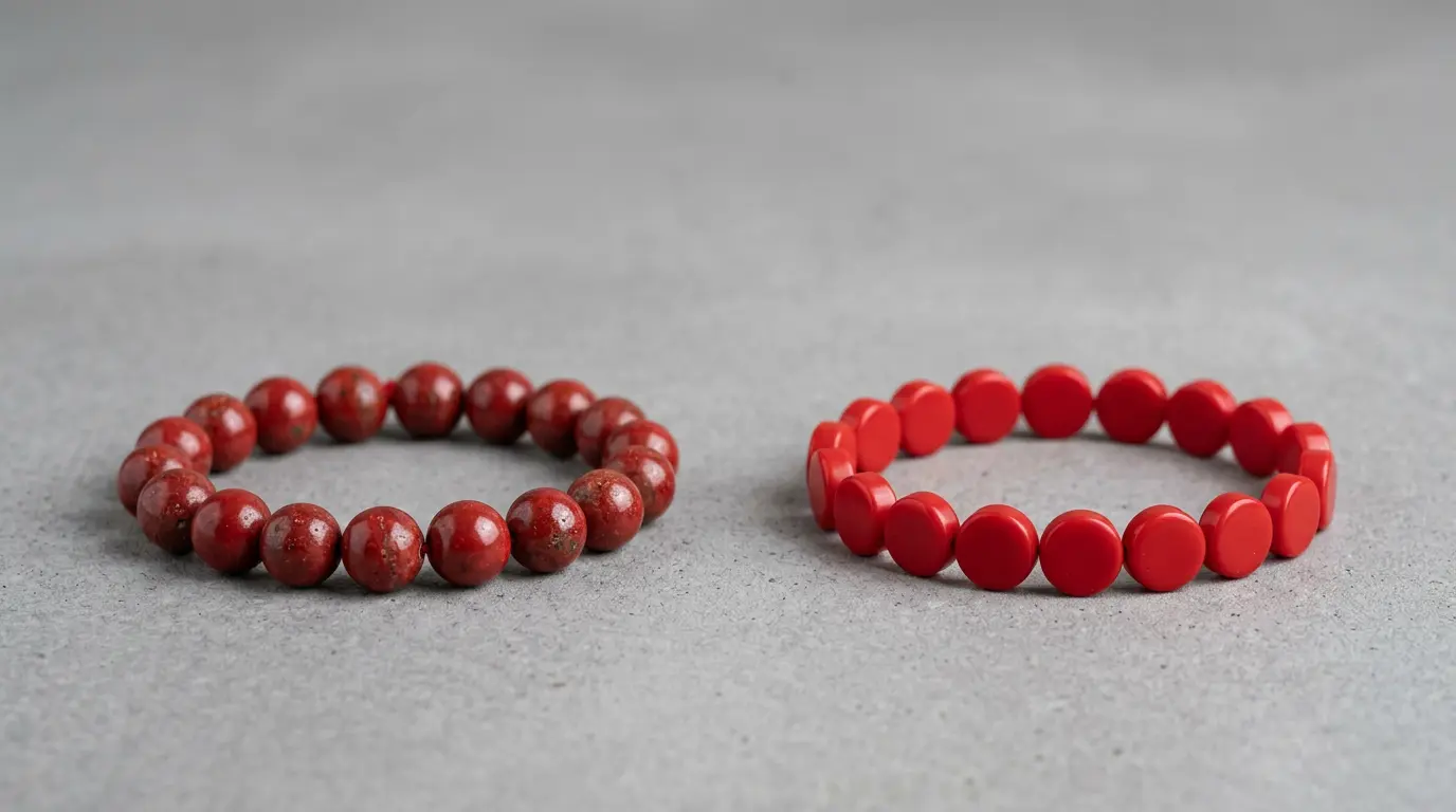 Side-by-side comparison of genuine sealed cinnabar and a dyed red resin imitation
