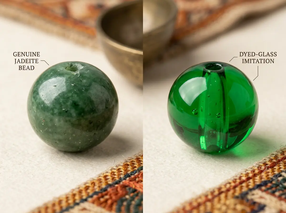Close-up comparison of a real gemstone bead with natural inclusions beside a uniform dyed-glass fake bead