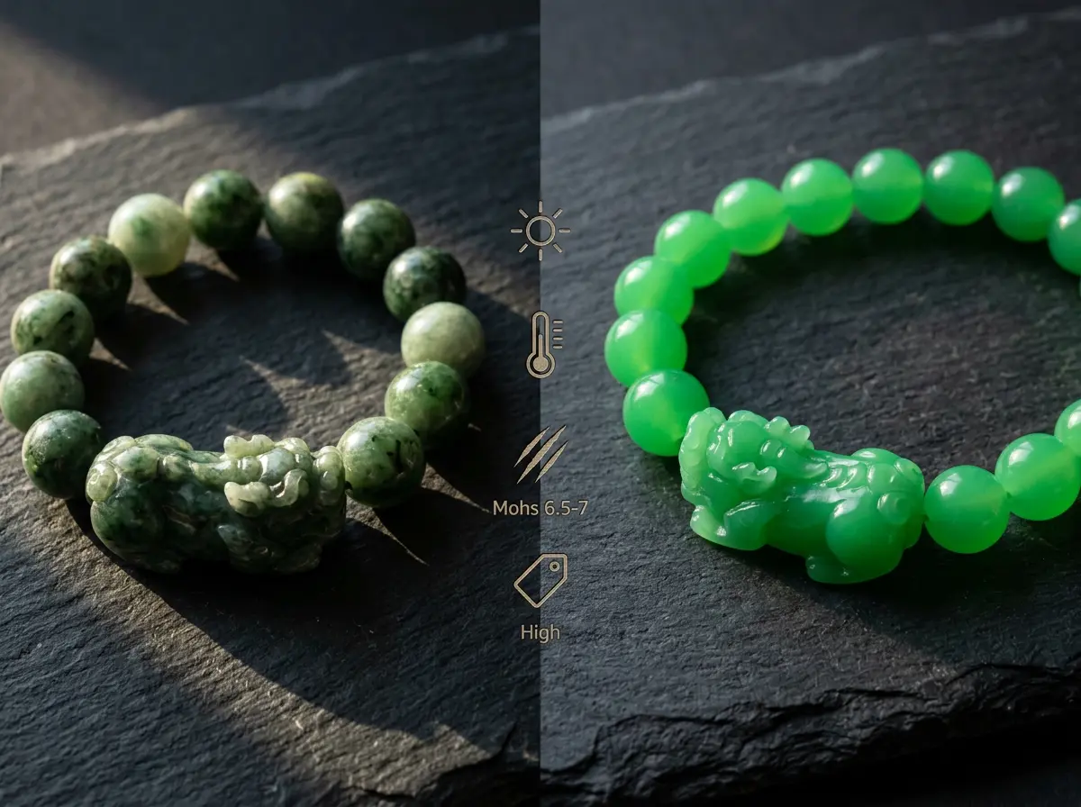 Real versus fake Pixiu comparison across four checks: light, temperature, hardness, and price