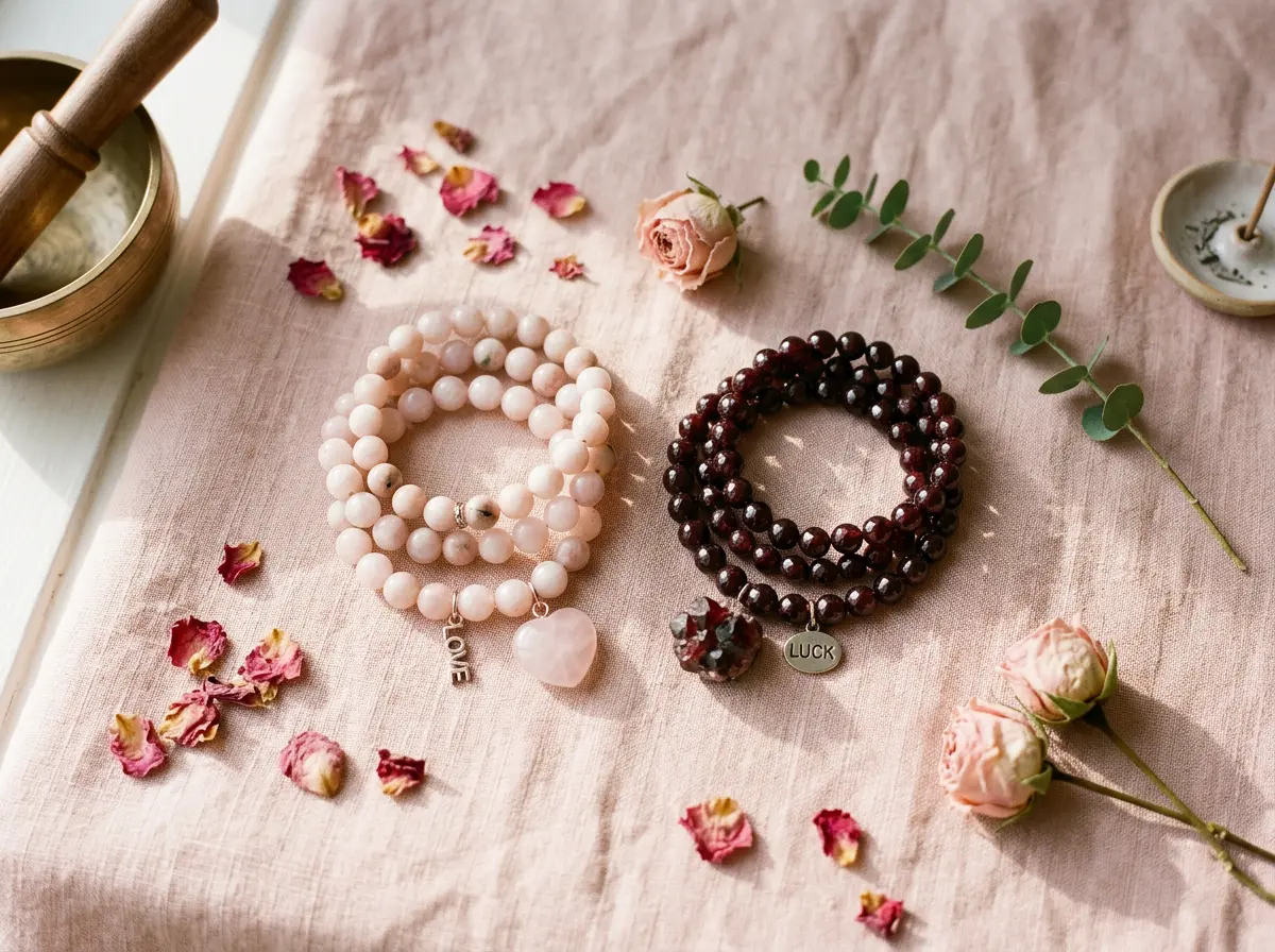Overhead flat-lay of rose quartz and deep-red garnet crystal bracelets for love and luck in February, arranged on soft pink linen with dried roses