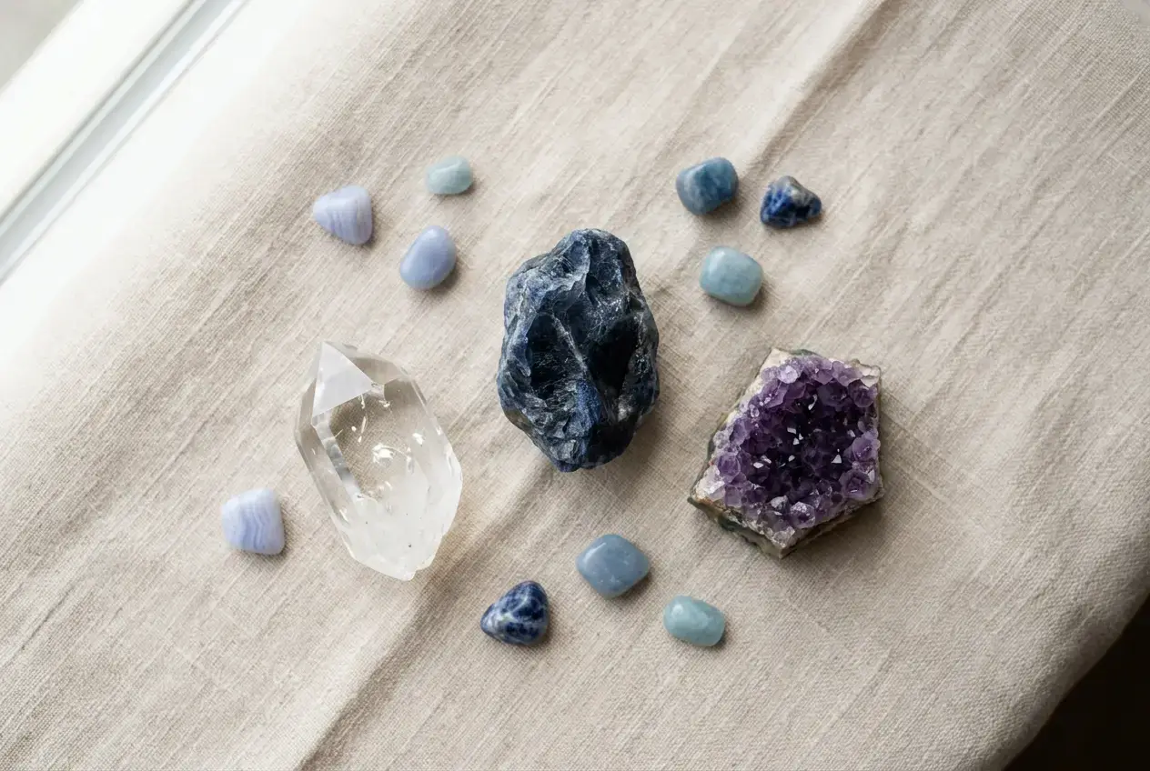 Sapphire, clear quartz, and amethyst crystals arranged for a September equinox ritual