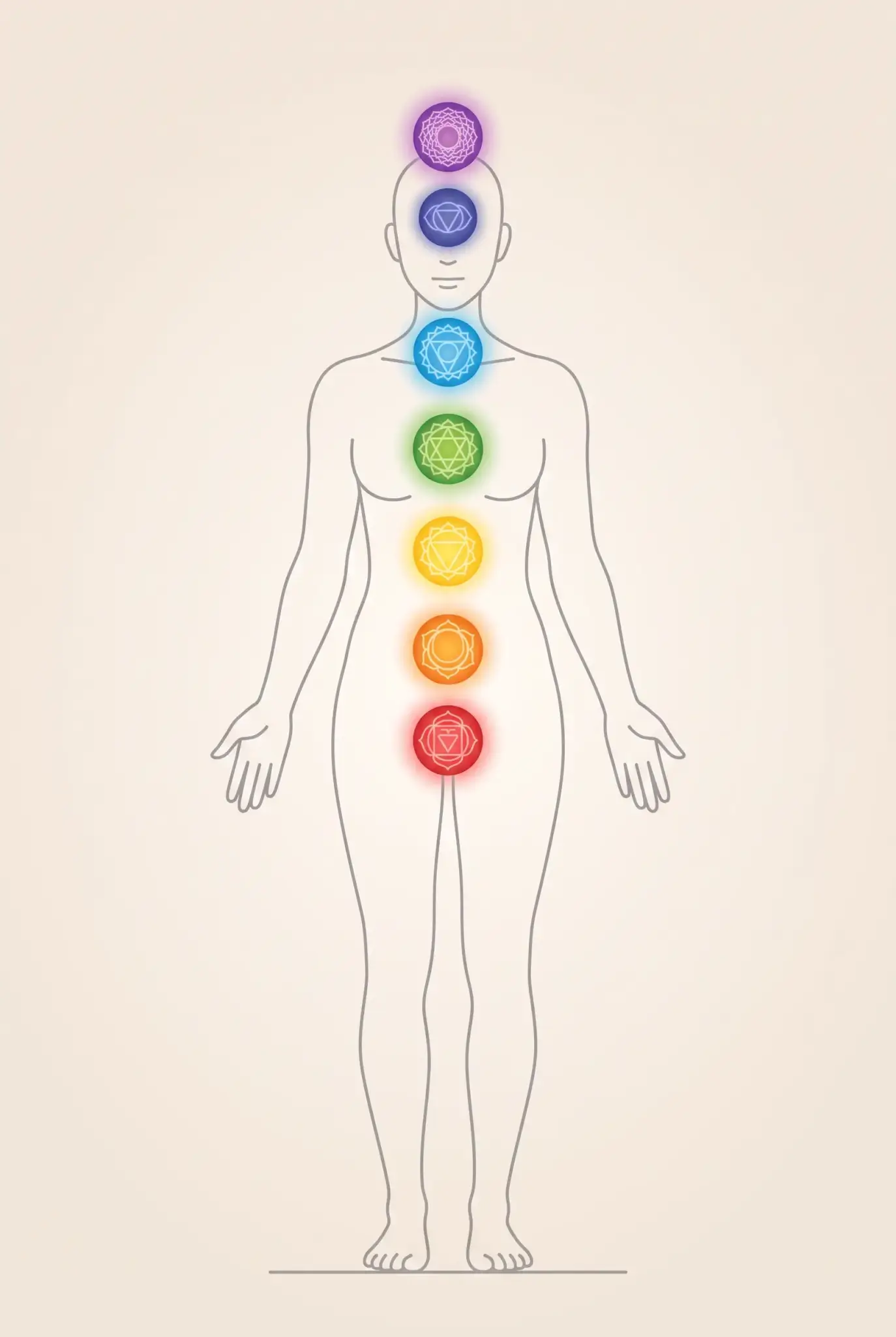Illustration of a human body showing the seven chakras as colored discs at their locations from root to crown