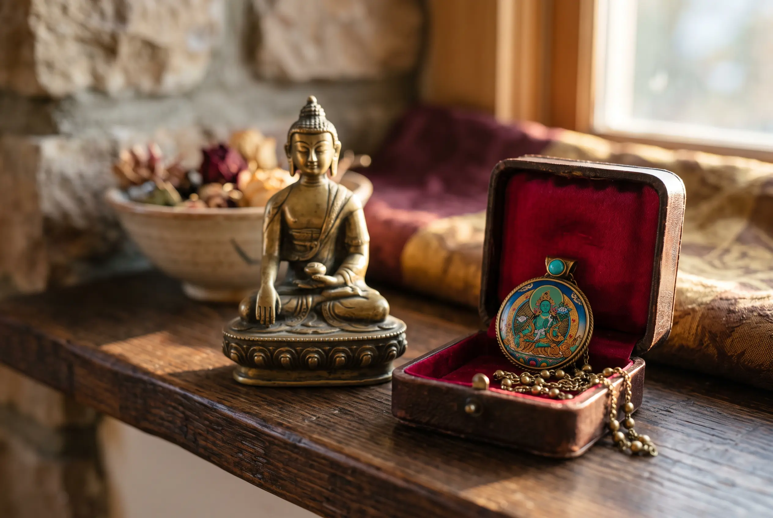 Small brass Buddha statue beside a hand-painted Thangka pendant necklace in an open leather gift box
