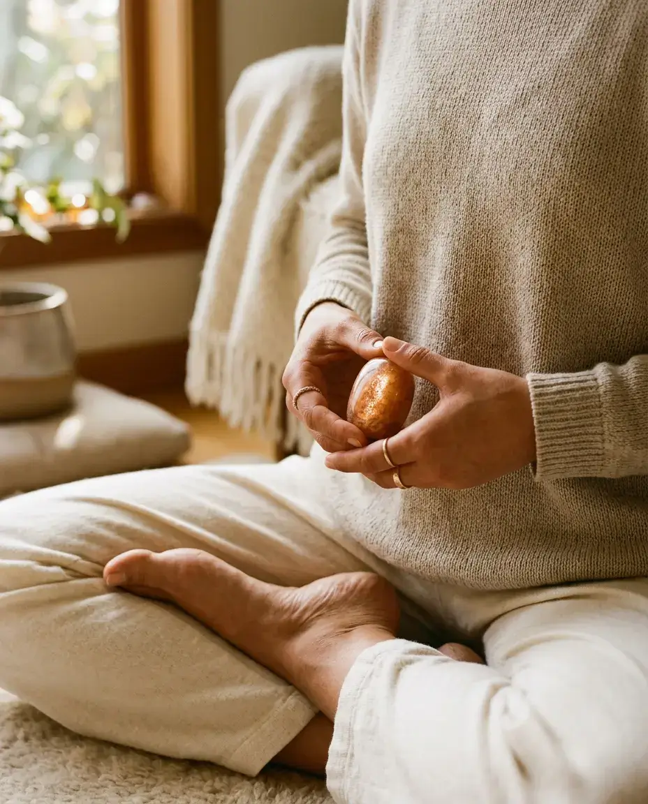 Hands cupping a golden Sunstone crystal at the solar plexus during a five-minute Leo season meditation ritual