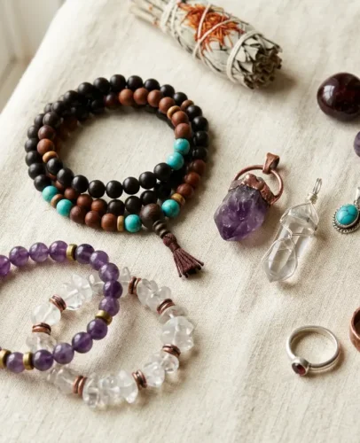 Assortiment de bijoux spirituels comprenant des perles mala tibétaines, des pendentifs en cristal et des bagues disposés sur une surface aux tons neutres et chauds.