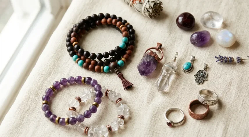 spiritual-jewelry-market-hero Assortment of spiritual jewelry including Tibetan mala beads, crystal pendants and rings arranged on a warm neutral surface